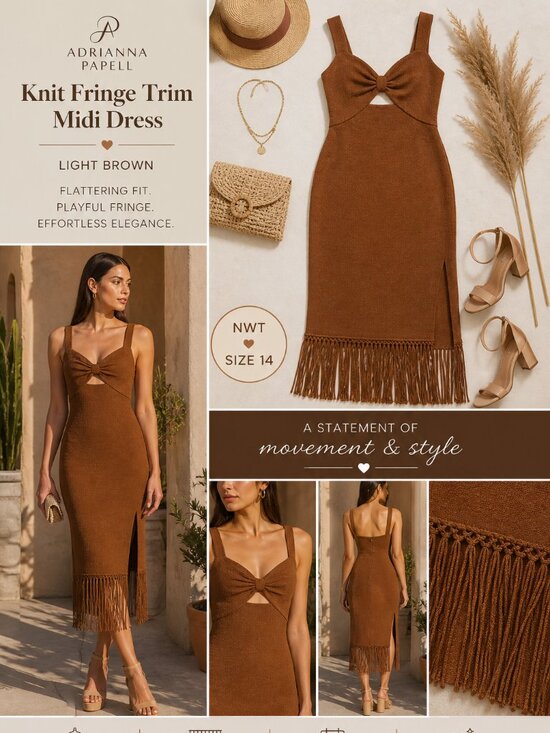 Adrianna Papell Dresses & Skirts - Adrianna Papell Fringe Midi Dress Brown NWT Size 14 Cocktail Party Chic